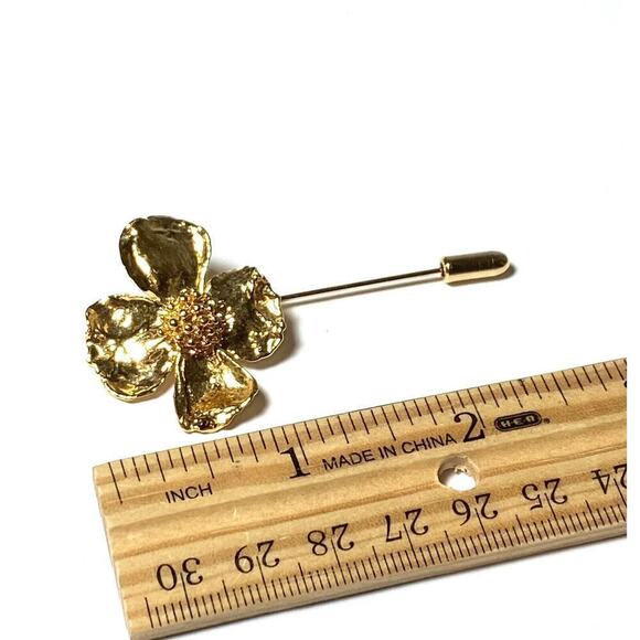 Stick Pin Dogwood Flower Four Leaves Vintage Estate Large Unique Rare Gold Tone - Picture 3 of 6